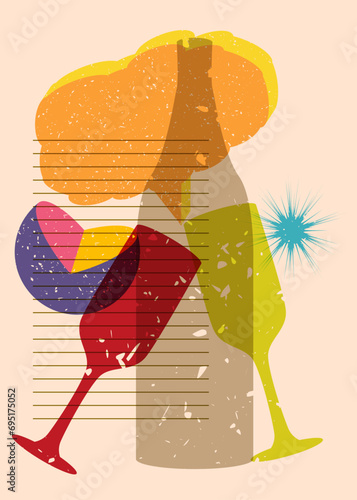 Risograph Champagne Bottle and Drinking Glass with speech bubble and geometric shapes. Objects in trendy riso graph print texture style design with geometry elements.