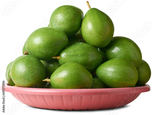 dark green skin avocados on a tray  aka alligator pear or butter fruit  nutritious fresh fruits enjoyed for creamy texture  mild flavor and numerous health benefits  isolated on white background