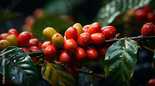 Wide closeup photo of coffee plant branch with fruits, beautiful red and orange color ripe coffee cherrie beans with wet leaves and water drops      photo