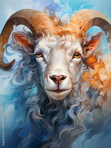 The zodiac sign is Capricorn. Abstract portrait of a goat. Colorful illustration of an animal with horns. Horoscope.