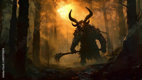 A minotaur lumbers through a dark and ominous forest giant horns visible against the Fantasy art concept. photo