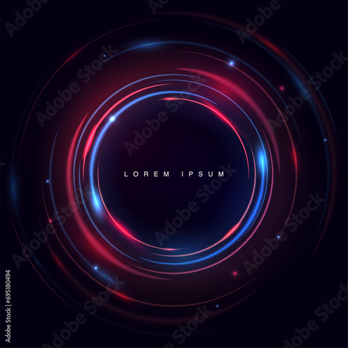 Abstract blue and red effect background. Beautiful design of rotation frame. Mystical portal. Bright sphere lens. Rotating lines. Glow ring. Magic neon ball. Led blurred swirl. Vector illustration