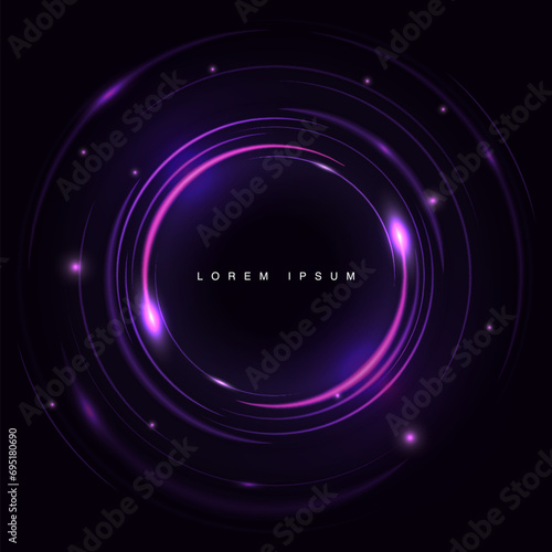 Abstract purple effect background. Beautiful design of rotation frame. Mystical portal. Bright sphere lens. Rotating lines. Glow ring. Magic neon ball. Led blurred swirl. Vector illustration