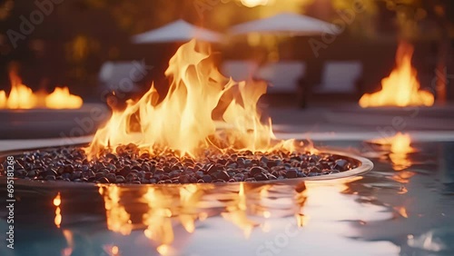 Closeup of the dancing flames of a modern fire pit, reflecting off the still surface of the adjacent pool. photo