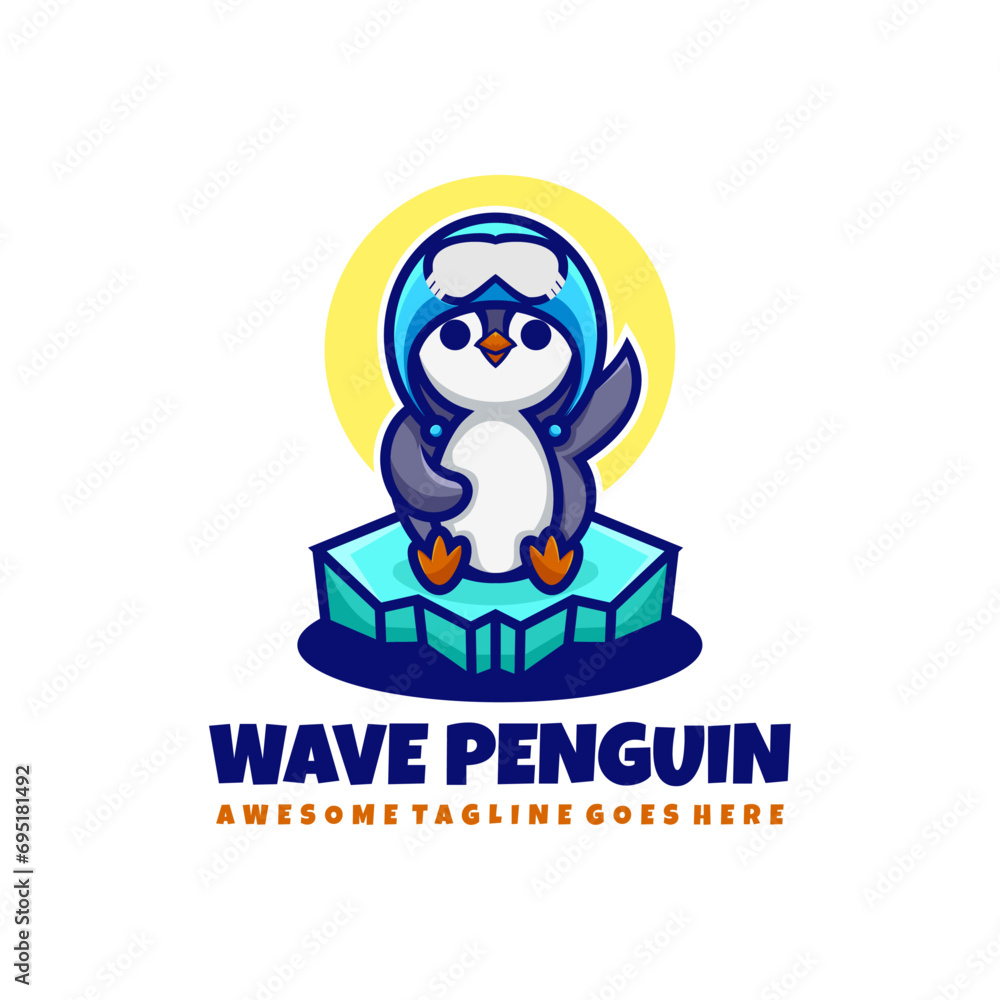 Naklejka premium Vector Logo Illustration Wave Penguin Mascot Cartoon Style.