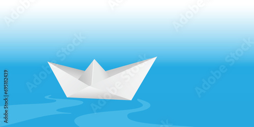 Paper boat origami on water wave background.