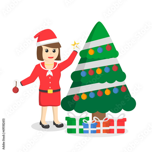 santaclause woman Puting Star On Tree design character on white background photo