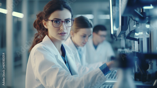 A captivating image of a young woman scientist dressed in a white coat and glasses, positioned within a modern Medical Science Laboratory. In the background, a team of specialists