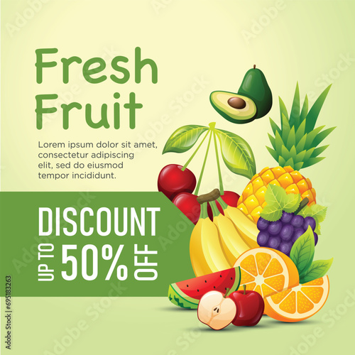 Special discount fresh fruit background for social media post