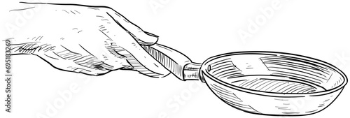 hand holding frypan handdrawn illustration