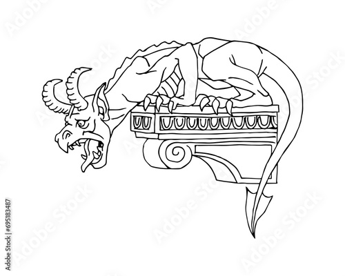 Gargoyle on the ledge of the building. A fantasy monster. Vector illustration with black contour lines, isolated on a white background in a cartoon style.