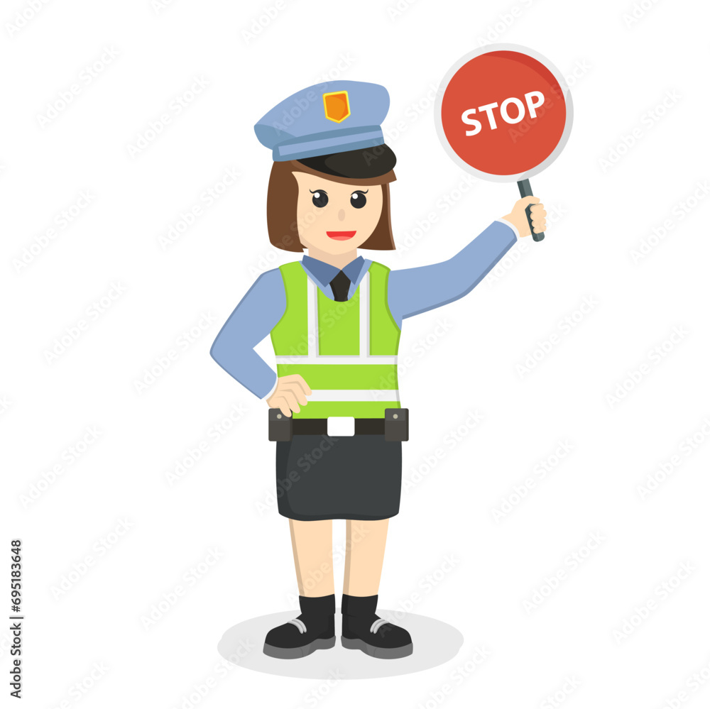 traffic police woman holding stop sign design character on white background