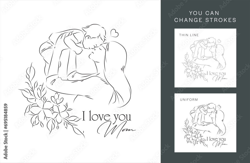 Continuous one-line drawing. The woman holds her baby. Mother and baby contour illustration. Continuous one-line drawing. The woman holds her baby. Mother and baby contour illustration.