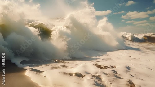 An extreme closeup of powerful waves generated by a NorEaster crashing against a sandy beach. photo