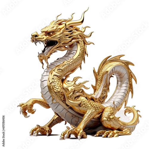 Golden animal concept Statue of a dragon on white background