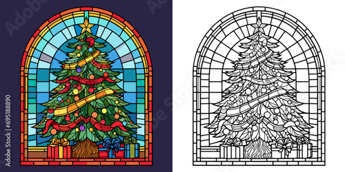 Christmas Tree with Balls, Wreath and Three Gifts in the style of Stained Glass with Presents Coloring Pages and Cover Vector Design