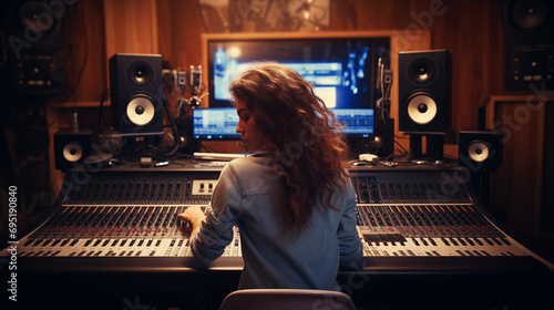 Music producer. Young woman with curly hair behind a music production desk