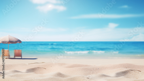 White sand beach, blue ocean, umbrella and lounge chairs. Tropical summer background