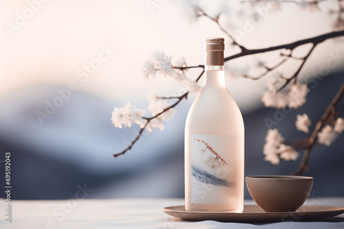 Pink sake bottle with sakura flowers at the back and mountains. © KC_Photography