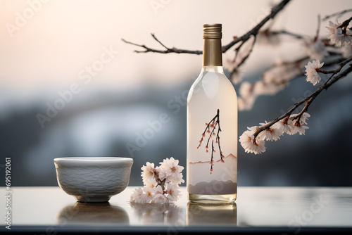 Clear Sake bottle with sake cup with branches of flowers in the background #695192061