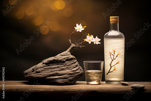 Clear sake bottle and cup with a rock with flower. photo