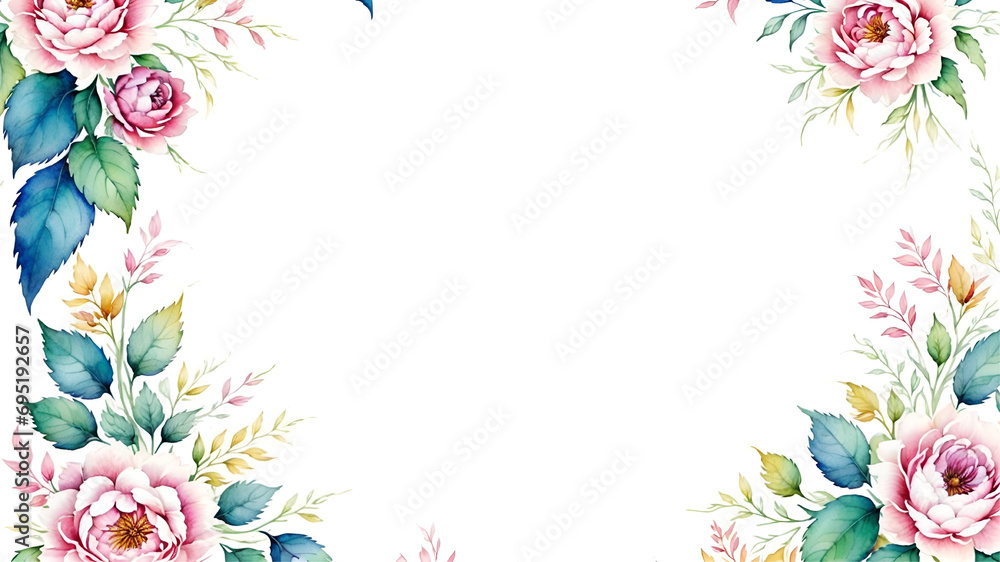 Watercolor painting features a beautiful arrangement of flowers and leaves on a white background. The copy space is large enough to accommodate a variety of text