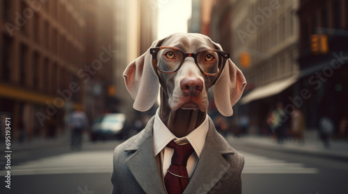 Smart weimaraner dog businessman in a suit and glasses in city at day. Animal in clothers