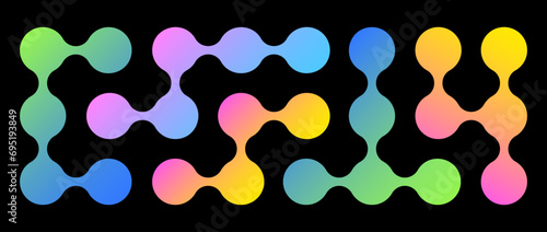 Iridescent meta ball set. Colorful connected morph dots. Liquid blob pattern collection. Integration abstract concept. Rounded design element bundle for logo, icon, tag, emblem, banner. Vector pack