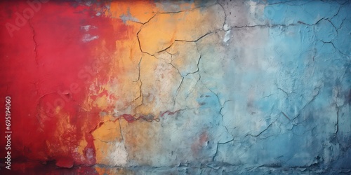 Old concrete wall, painted with a combination of bright saturated colors, contrasting with its rough and uneven surface plaster of light and shadows with a defocused effect