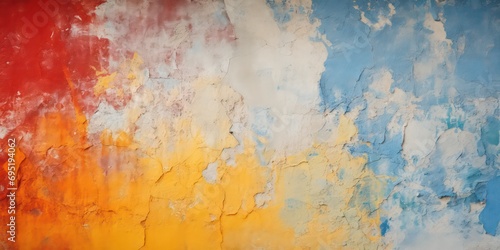 Old concrete wall  painted with a combination of bright saturated colors  contrasting with its rough and uneven surface plaster of light and shadows with a defocused effect