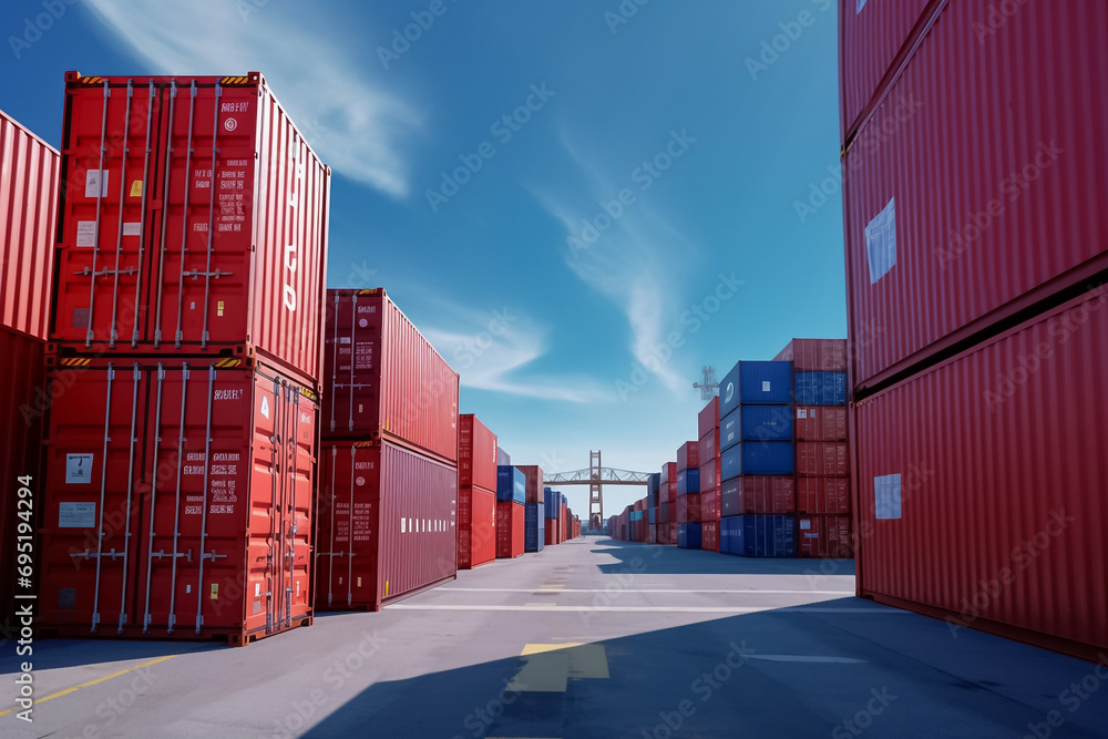 Fototapeta premium A cargo plane soaring above a bustling container yard, capturing the essence of international cargo shipping and seamless freight transportation. Generative AI.