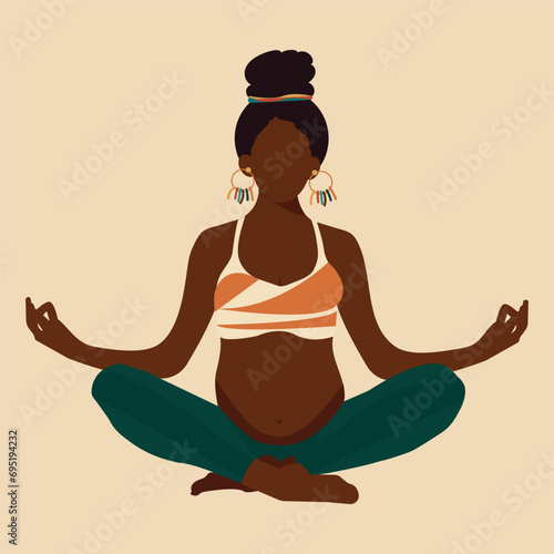 African American pregnant woman doing yoga. Isolated vector illustration. Faceless