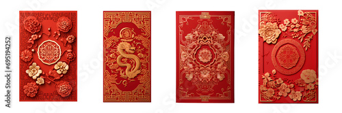 Chinese red envelope greeting card, isolated, chinese dragon zodiac pattern