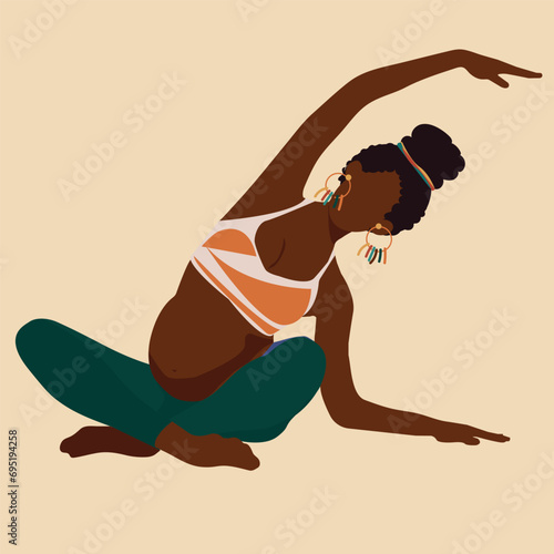 African American pregnant woman doing yoga. Isolated vector illustration. Faceless