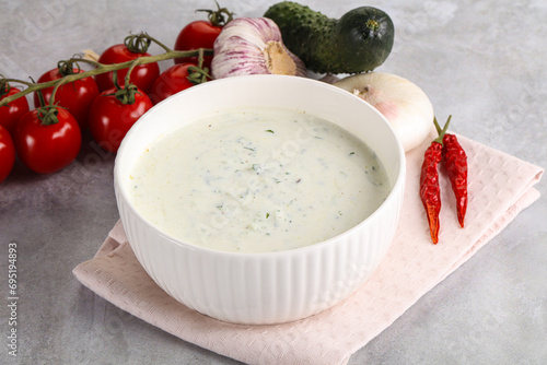 Traditional delicious appetizer; greek tzatziki (Turkish name; cacik) photo