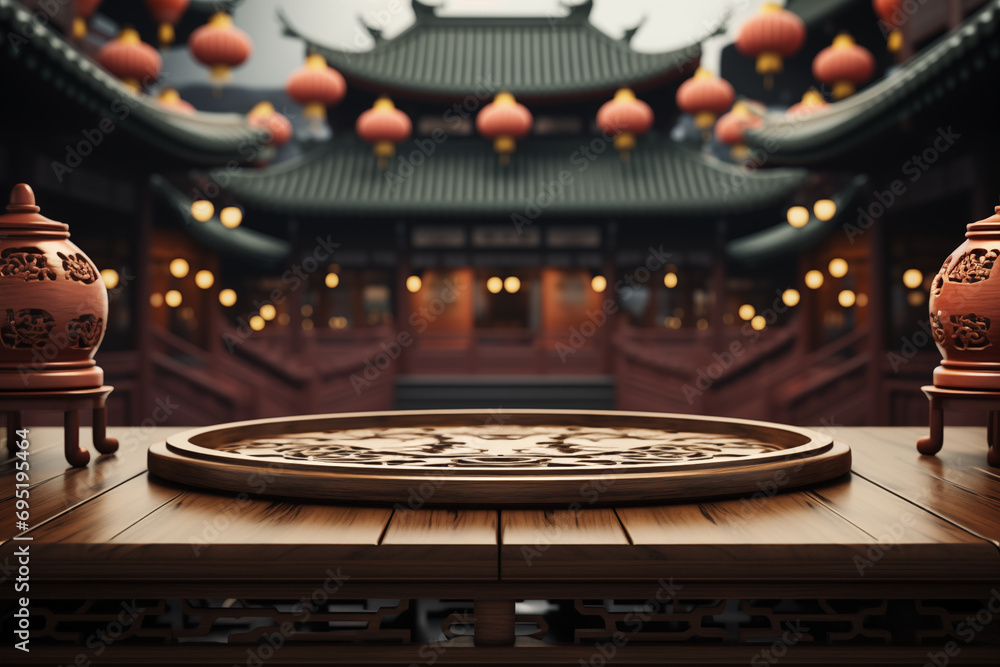 Chinese concept with empty wood floor and traditional decoration with a royal palace background.