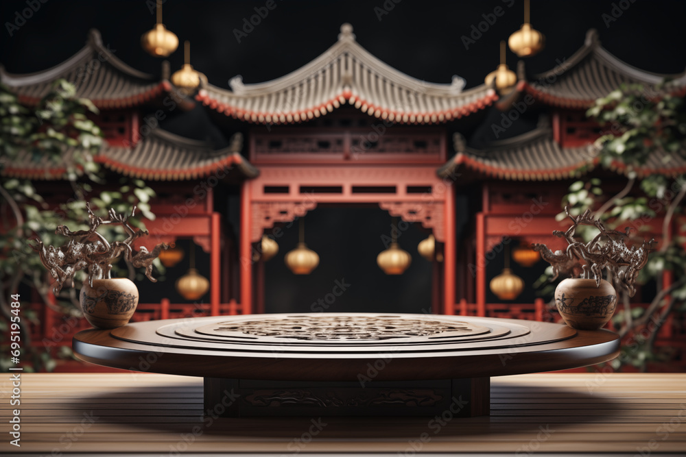 Chinese concept with empty wood floor and traditional decoration with a royal palace background. Chinese concept with empty wood floor and traditional decoration with a royal palace background.