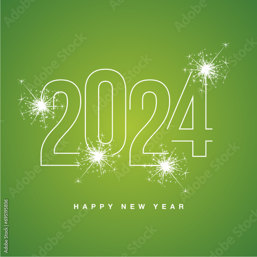 Happy New Year 2024 line neon light white shining typography with sparkle firework on lucky green isolated background icon logo