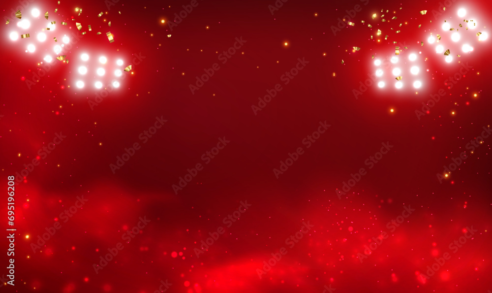 Empty scene background with red smoke spotlights. Red smoke mist fog background with gold glitter sparkle. Red stage studio with smoke float up the interior texture for display products. Vector EPS10. - obrazy, fototapety, plakaty 