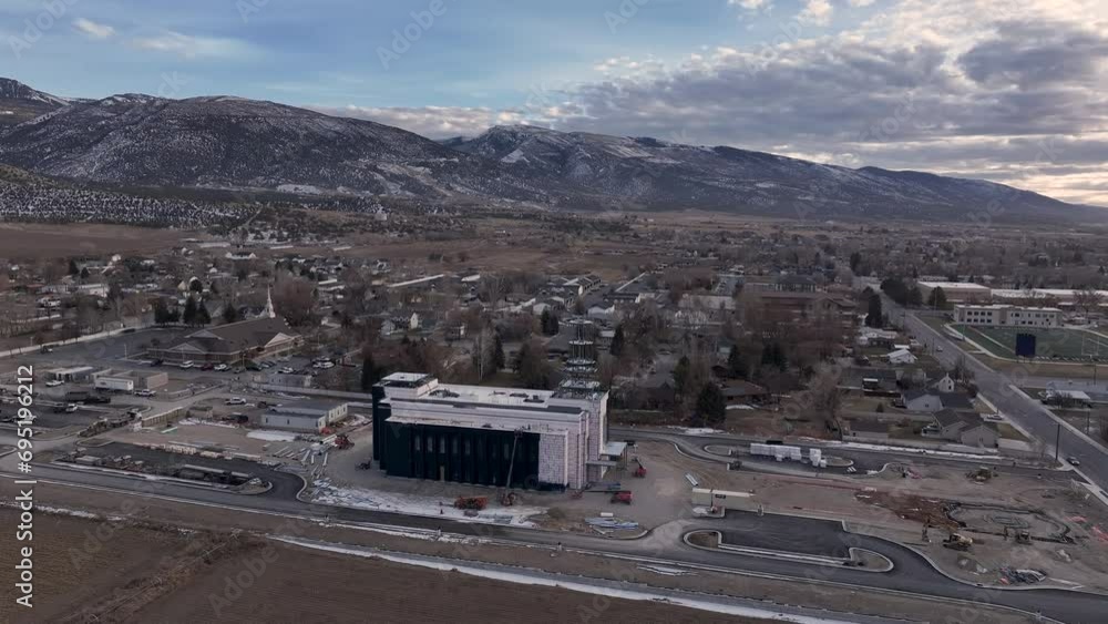 EPHRAIM, UTAH 10 DEC 2023 Aerial LDS Temple construction Ephraim Utah pull. Aerial Ephraim