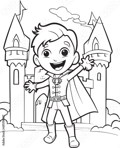 doodle cartoon of a kid prince in front of a castle
