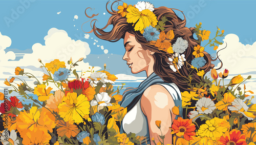 Fashion a vector illustration of a heath in full bloom during springtime. bouquet of wildflowers, is prominently displayed with intricate details on each petal.