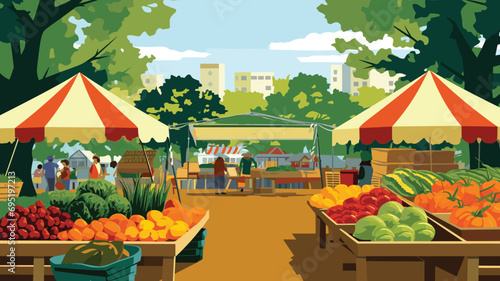 Food Vector Farmers' Market vector illustration of a vibrant farmers' market with stalls of fresh produce, artisan goods, and shoppers.  photo