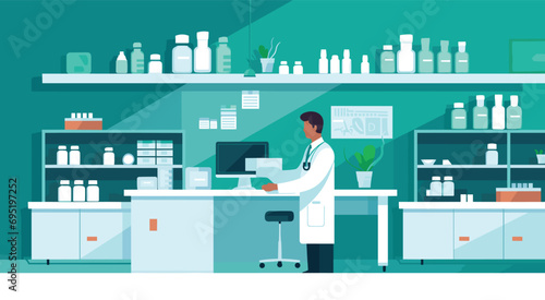 Healthcare Vector Pharmacy vector representation of a modern pharmacy with shelves of medicines, a counter, and a pharmacist. 