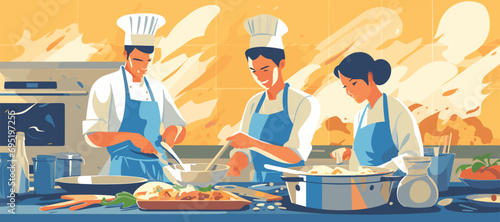 Food Vector Cooking Class vector illustration of a cooking class in progress with chefs, students, cooking utensils, and delicious dishes being prepared