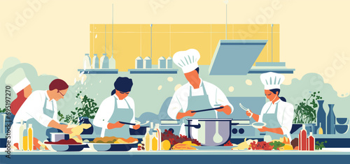 Food Vector Cooking Class vector illustration of a cooking class in progress with chefs, students, cooking utensils, and delicious dishes being prepared