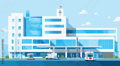 Healthcare Vector Hospital vector representation of a modern hospital facility with medical professionals, patients, and healthcare technology.