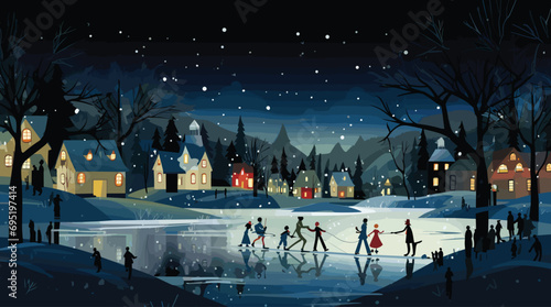 heartwarming vector scene of families ice skating on a frozen pond under the moonlight. the ice skaters 