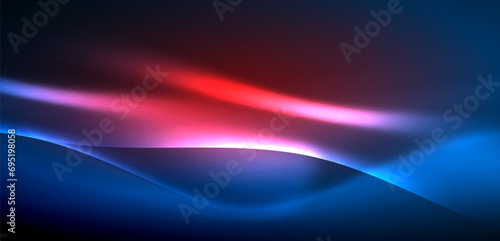 Dynamic waves in ethereal glow of neon lights. Concept merges fluidity of motion with vibrant allure of neon, crafting entrancing backdrop that embodies both vitality and futuristic sophistication