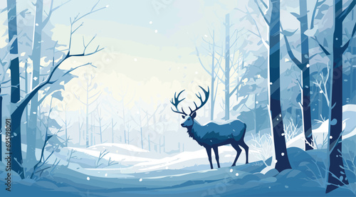 serene vector scene of a lone reindeer standing in a snowy forest clearing, with a soft, gradient _flat color_ background transitioning from cool blues to snowy whites. © J.V.G. Ransika